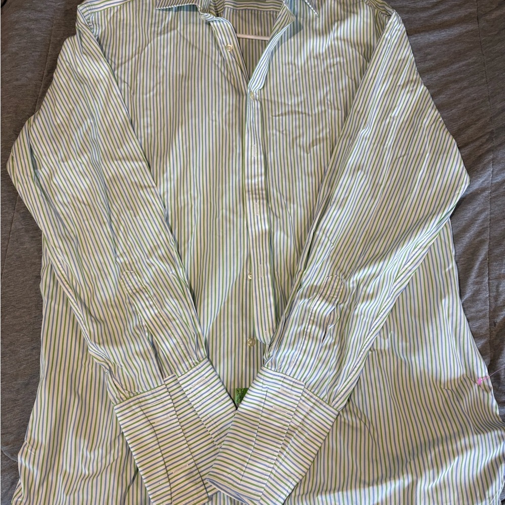 Thomas Pink Slim Fit Green & White Striped Dress Shirt